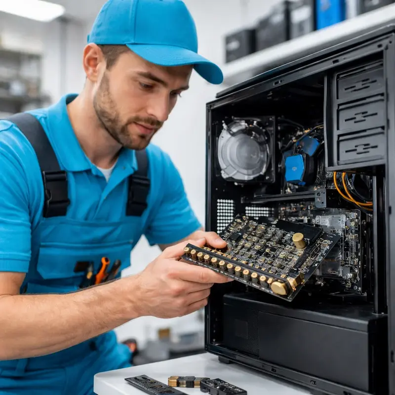 Мастер устанавливает звуковую карту на ПК в Евпатории